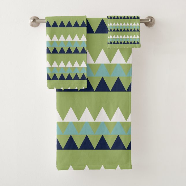 Neptune, Seashell, Green and Navy triangles   Bath Towel Set (Insitu)