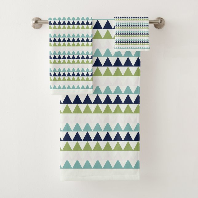 Neptune, Seashell, Green and Navy triangles   Bath Towel Set (Insitu)