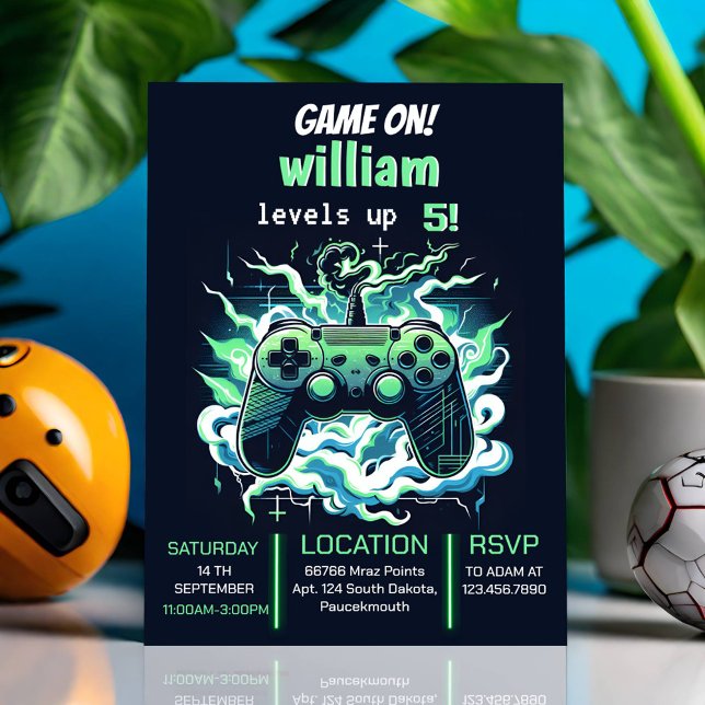 nerd boy cool kids gaming level up 5th birthday invitation (Creator Uploaded)