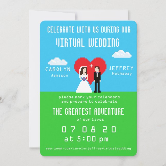 Nerdy 8-bit Bride & Groom Virtual Wedding Invites (Front)