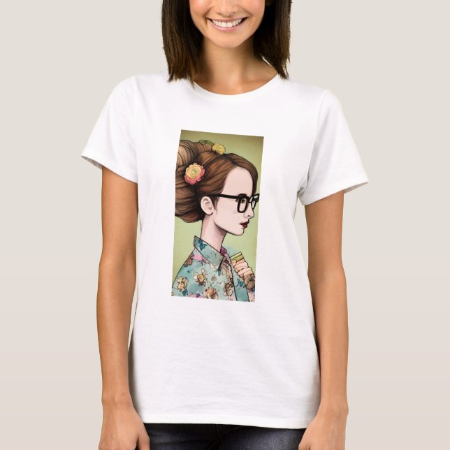 Nerdy Asian Girl Holding Books T-Shirt (Front)