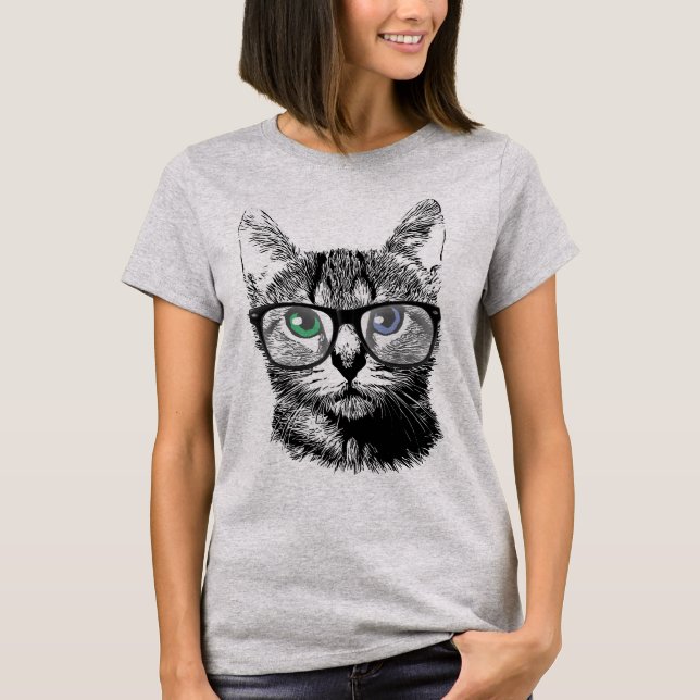 Nerdy Cat Hipster Kitten in Glasses T-Shirt (Front)