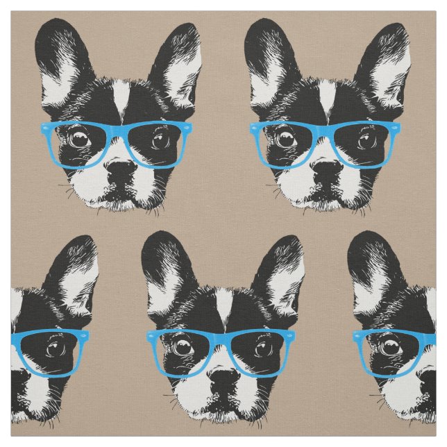 Nerdy French Bulldog Hipster Dog Pattern Beige Fabric (Swatch)