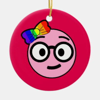Nerdy Girl Emoji with Glasses and Rainbow Bow Ceramic Ornament
