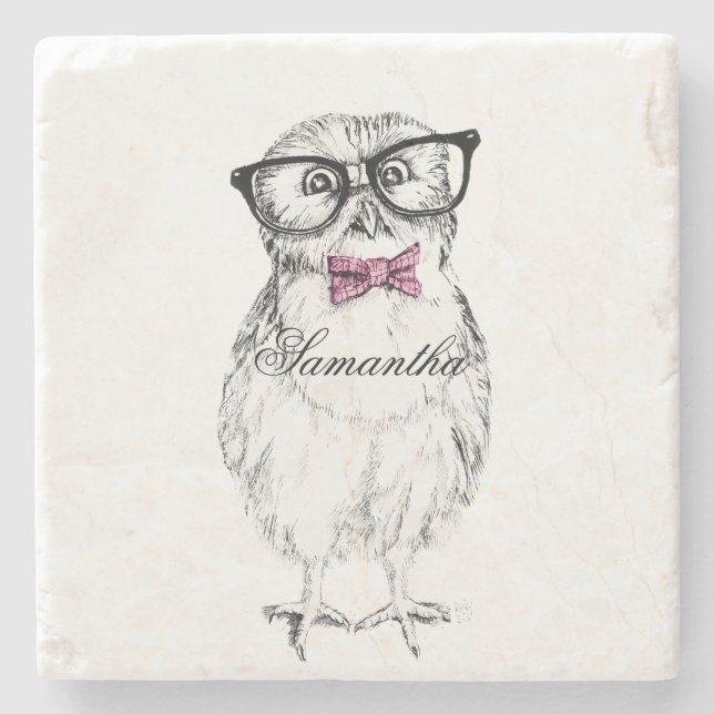 Nerdy Owlet Ink drawing Stone Coaster (Front)