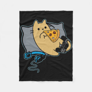 Nerdy Pizza Eating Gamer Cat Game Paused  Fleece Blanket