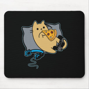 Nerdy Pizza Eating Gamer Cat Game Paused Mouse Pad