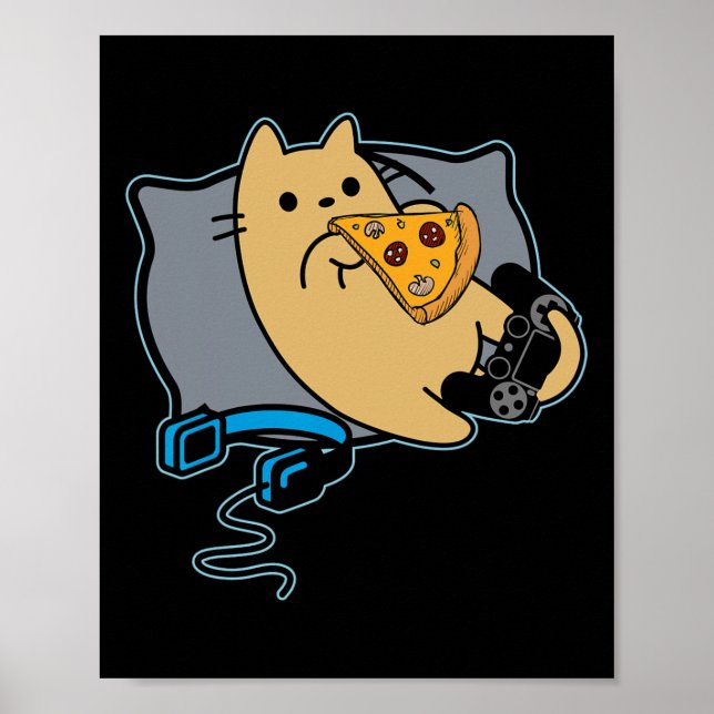 Nerdy Pizza Eating Gamer Cat Game Paused  Poster (Front)