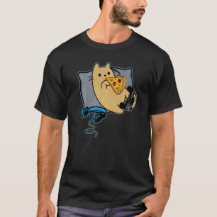 Nerdy Pizza Eating Gamer Cat Game Paused T-Shirt