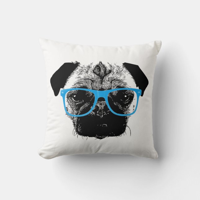 Nerdy Pug in Blue Glasses Hipster Cushion (Front)