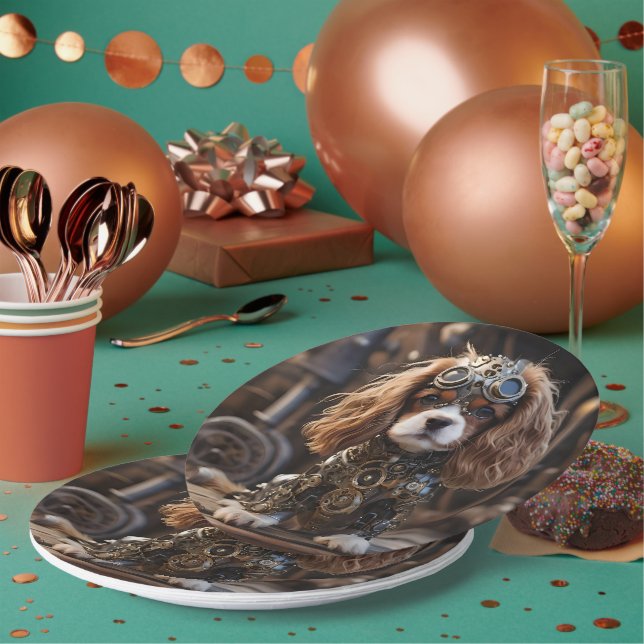 Nerdy Puppy Cavalier Spaniel Steampunked, Paper Plate (Multi)
