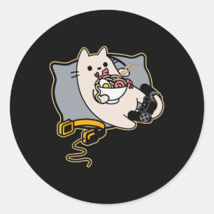 Nerdy Ramen Eating Gamer Cat Game Paused Classic Round Sticker