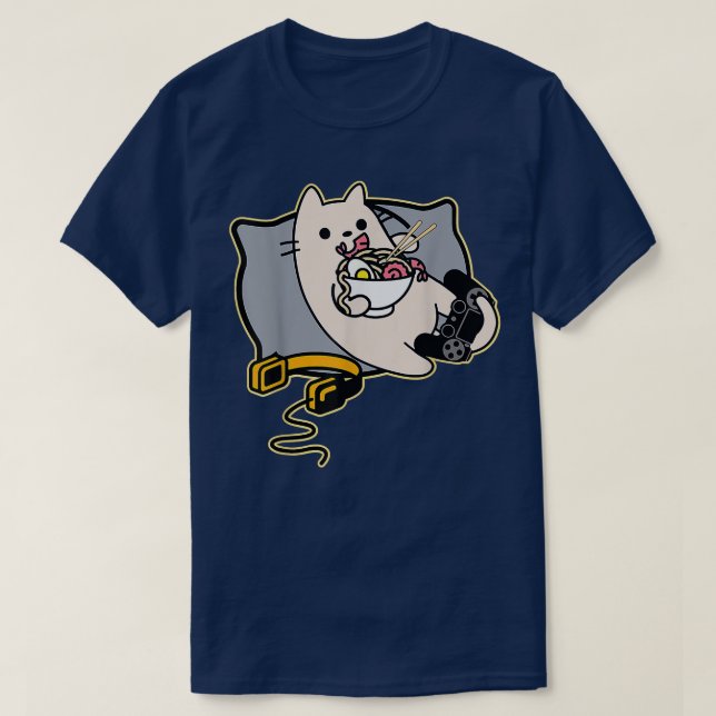 Nerdy Ramen Eating Gamer Cat Game Paused  T-Shirt (Design Front)