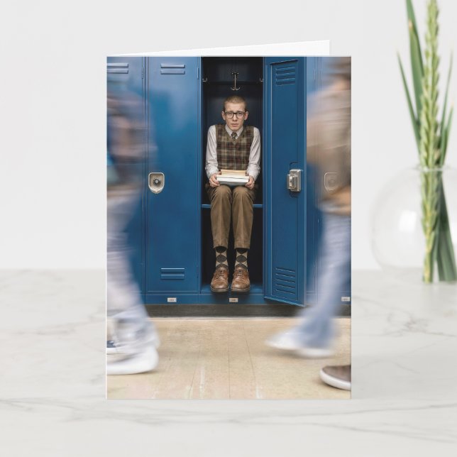 Nerdy School Teacher Hiding in a Locker Card (Front)