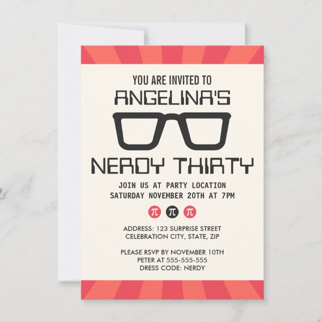 Nerdy thirty birthday party with geeky glasses invitation (Front)