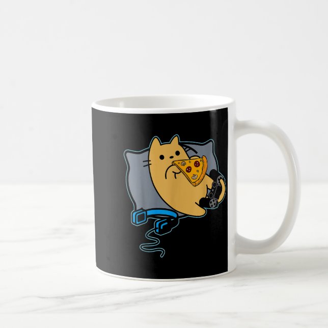 Nerdy Zza Eating Gamer Cat Game Paused  Coffee Mug (Right)