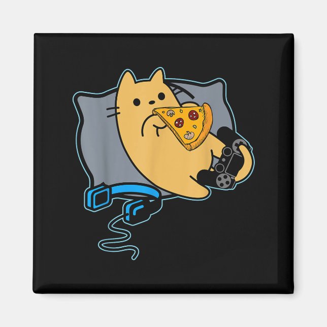 Nerdy Zza Eating Gamer Cat Game Paused  Magnet (Front)