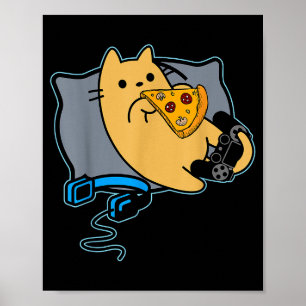 Nerdy Zza Eating Gamer Cat Game Paused Poster