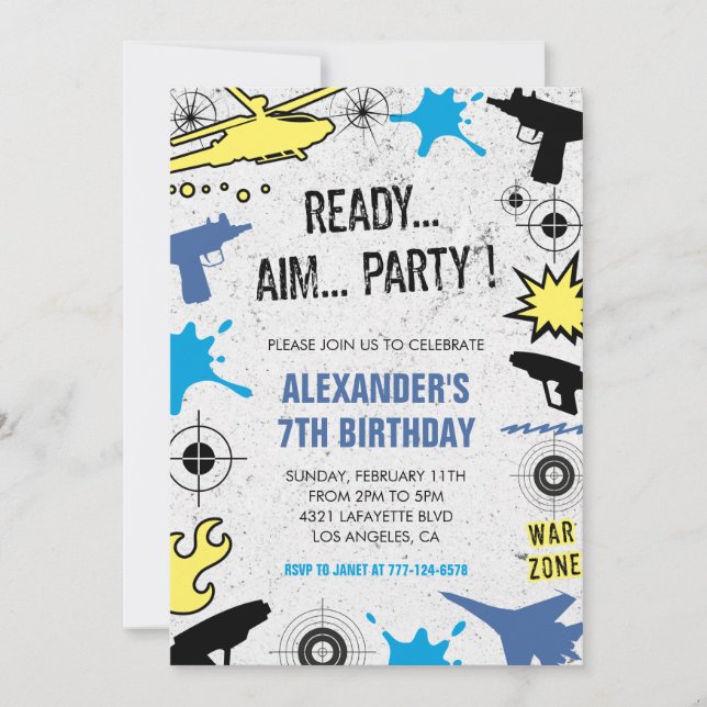 Nerf birthday invitations dart war hunting kids (Front)