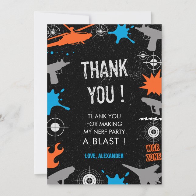 Nerf birthday thank you card gun water dart war  (Front)