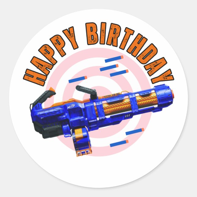Nerf Gun Party Stickers. Nerf Minigun Decor.  Classic Round Sticker (Front)