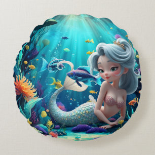 Nerina – The Gentle Mermaid of Coral Dreams. Round Cushion
