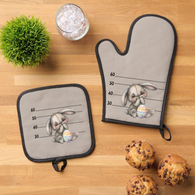 Nervous Bunny Police Lineup Oven Mitt & Pot Holder Set (Top Down)