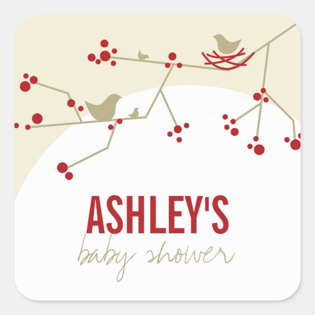 Nesting Bird Family On Branches Modern Baby Shower Square Sticker (Front)