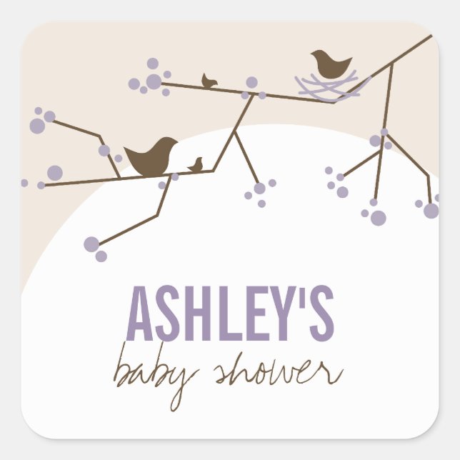 Nesting Bird Family On Branches Modern Baby Shower Square Sticker (Front)