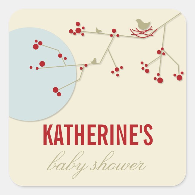 Nesting Bird Family On Branches Simple Baby Shower Square Sticker (Front)