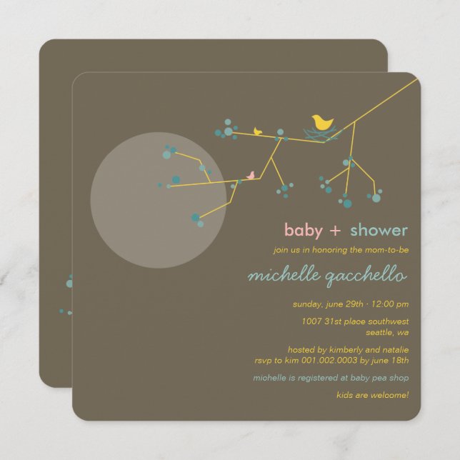 Nesting Bird Family Tree Simple Chic Baby Shower Invitation (Front/Back)