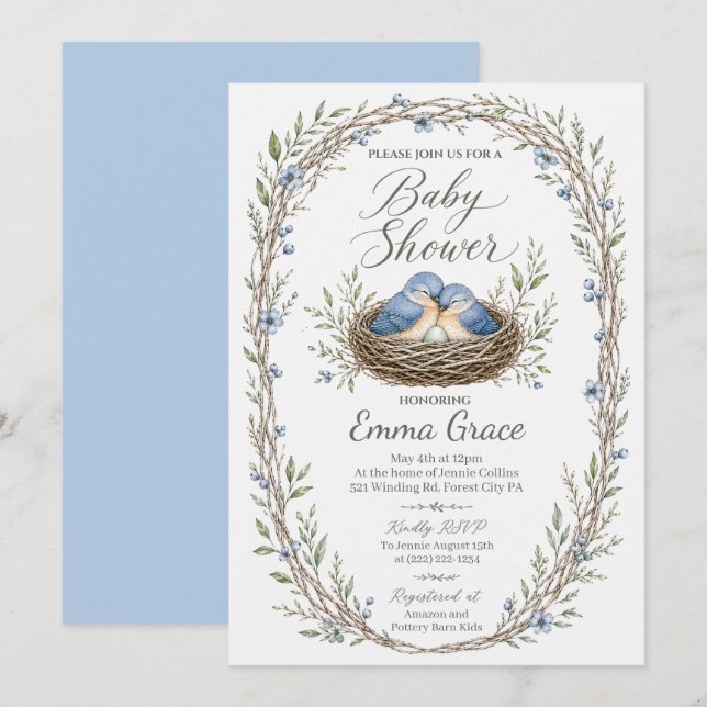 Nesting Eastern Bluebirds Baby Shower Invite (Front/Back)
