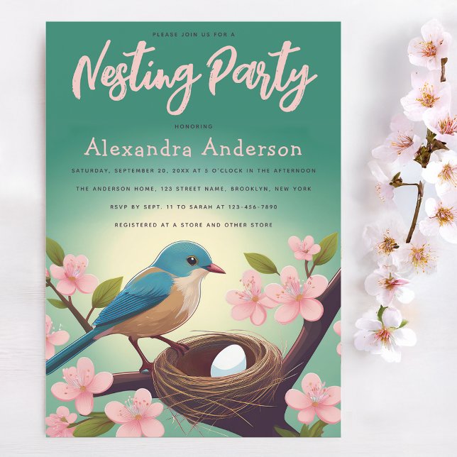 Nesting Party Bird Nest Egg Green Pink Blossom Invitation (Creator Uploaded)