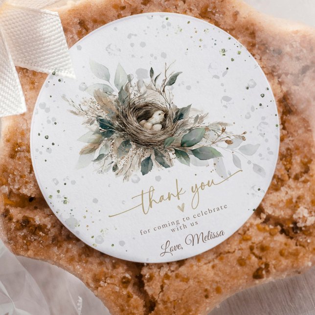 Nesting Woodland Neutral Rustic Fores Baby Shower  Classic Round Sticker (Add a special touch to your baby shower favors or envelopes with these Nesting Woodland Neutral Baby)