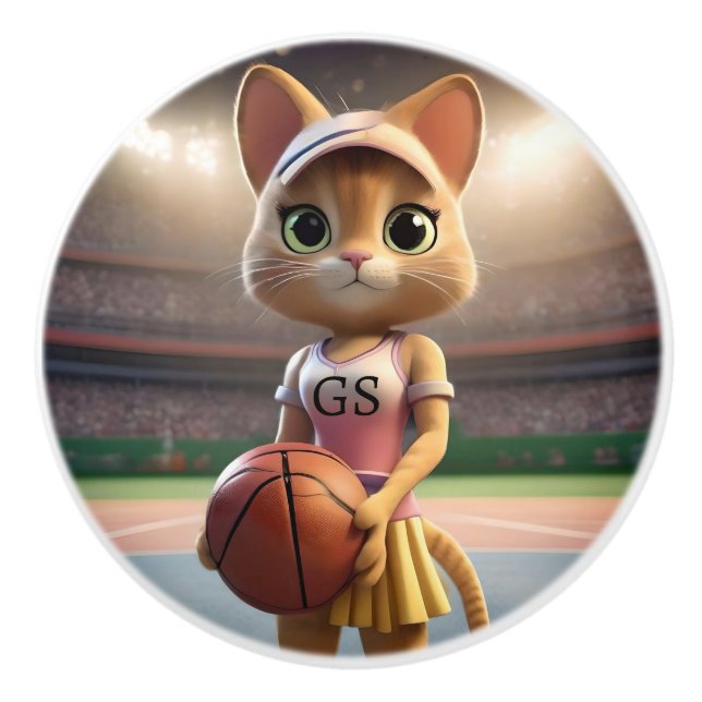 Netball Cat, Ceramic Knob (Front)
