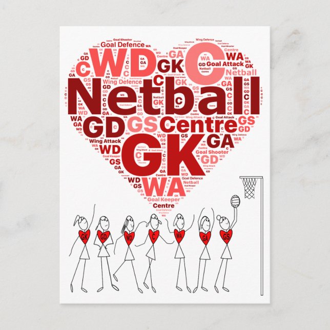 Netball Positions Typography Heart Design Postcard (Front)