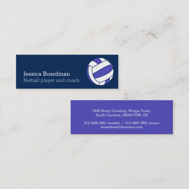 Netball sports ball player coach blue white mini business card (Front/Back)