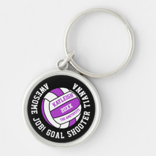 Netball sports purple white personalized award key ring