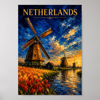Netherlands: Golden Sunset Windmill Art Souvenir Poster
