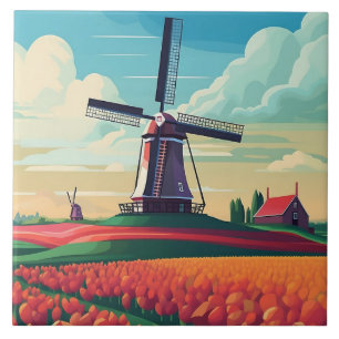 Netherlands Landscape Windmill Tulip Field Travel Ceramic Tile