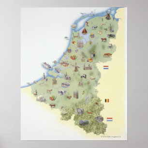 Netherlands, map showing distinguishing features poster
