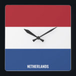 Netherlands National Flag Patriotic Square Wall Clock<br><div class="desc">Netherlands National Flag Patriotic Square Wall Clock with the country flag in the national colours printed all over the clock. Country name is subtly integrated in the design on the bottom. Text is fully customisable using "Customise it!" feature. This charming design is the stunning gift and the great show piece...</div>