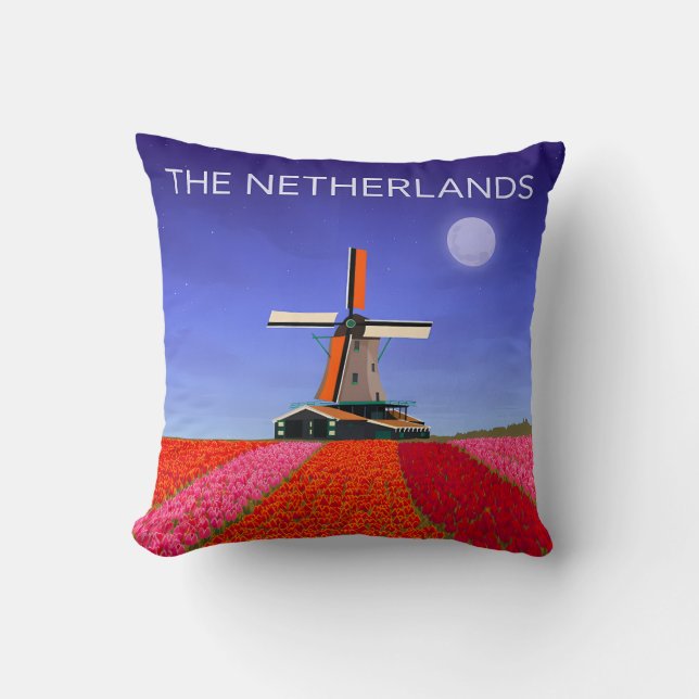 Netherlands Throw Pillow Tulip Field Windmill (Front)