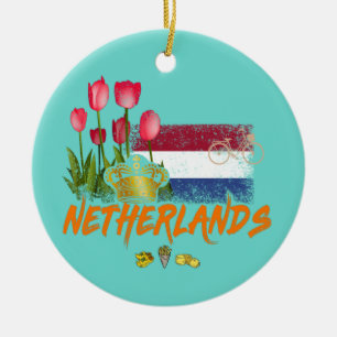 Netherlands Vintage Holland Flag and Dutch Tulip Ceramic Ornament