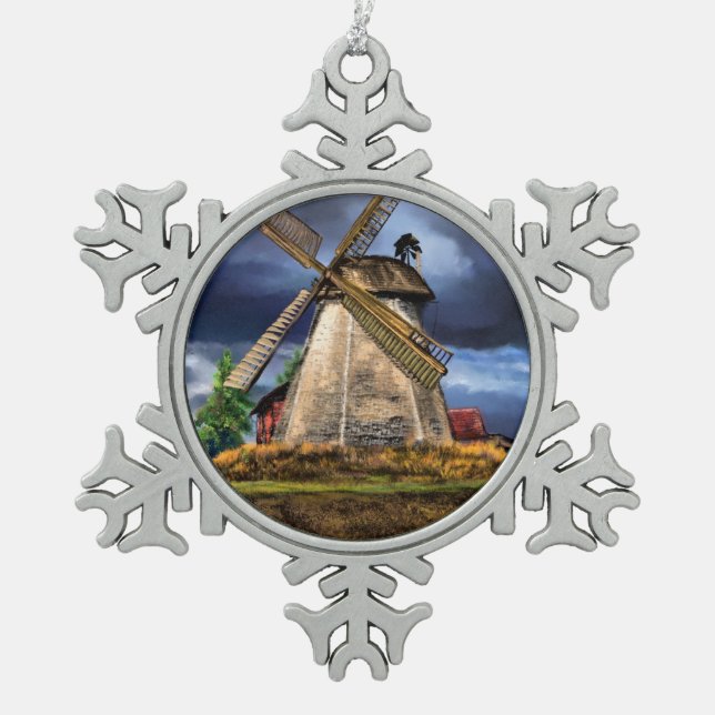 Netherlands Windmill Landscape Snowflake Pewter Christmas Ornament (Front)