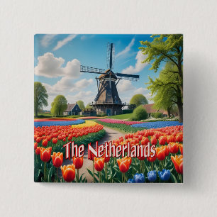 Netherlands Windmill & Tulips 15 Cm Square Badge