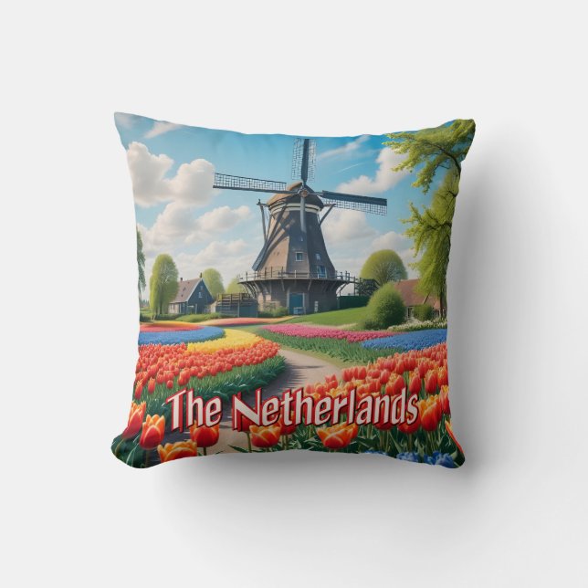 Netherlands Windmill & Tulips Cushion (Front)