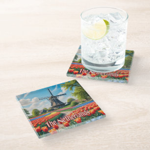Netherlands Windmill & Tulips Glass Coaster
