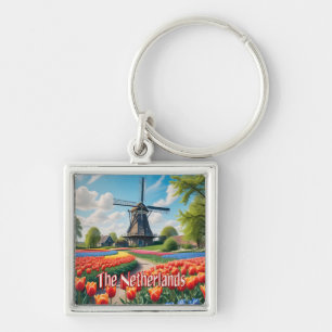 Netherlands Windmill & Tulips Key Ring