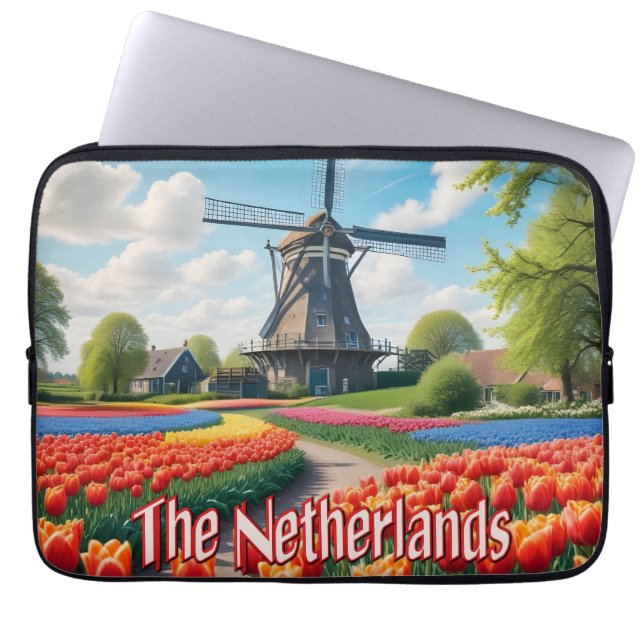 Netherlands Windmill & Tulips Laptop Sleeve (Front)